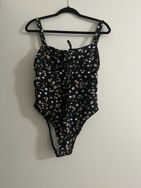 Xhilaration Black Floral Lace-Up One-Piece Swimsuit